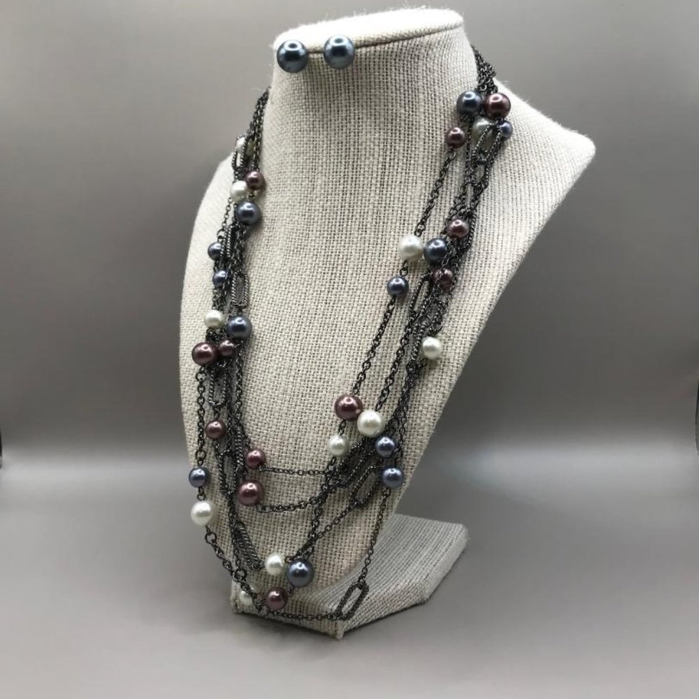Multi Strand Faux Pearl Chain Link Necklace & Earrings - Picture 4 of 7